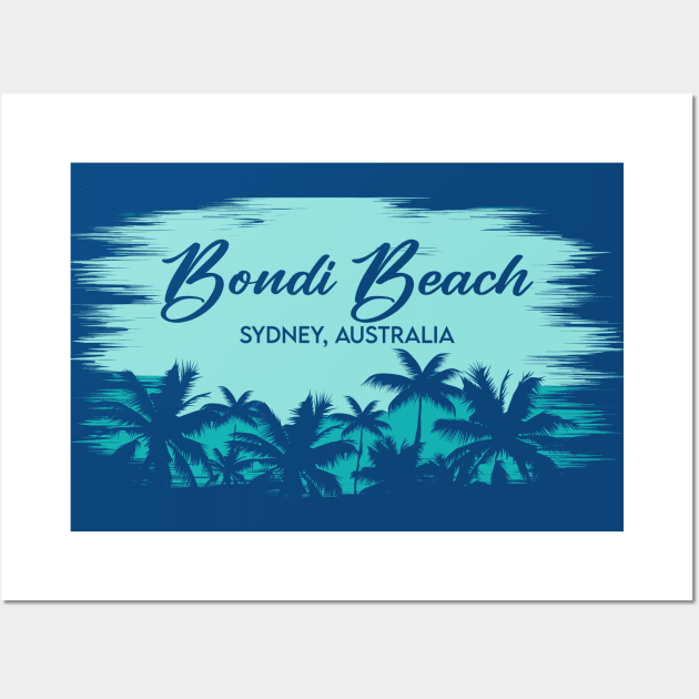 Bondi Beach Sydney Australia Retro Beach Landscape with Palm Trees Wall Art by Now Boarding